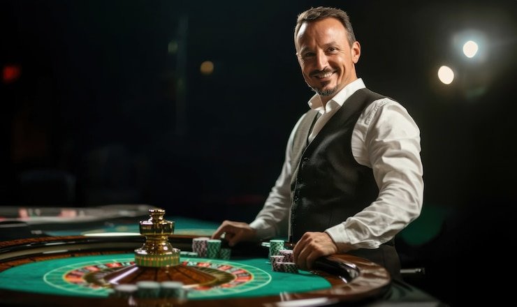 Exciting night casino scene with flashing neon lights and players enjoying games